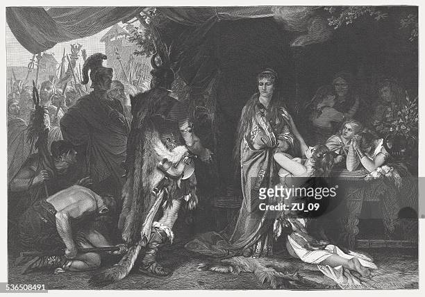 segestes surrendering his daughter thusnelda to germanicus - germanicus stock illustrations