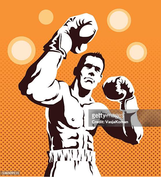 boxer posieren auf orange hintergrund - boxing shorts stock-grafiken, -clipart, -cartoons und -symbole