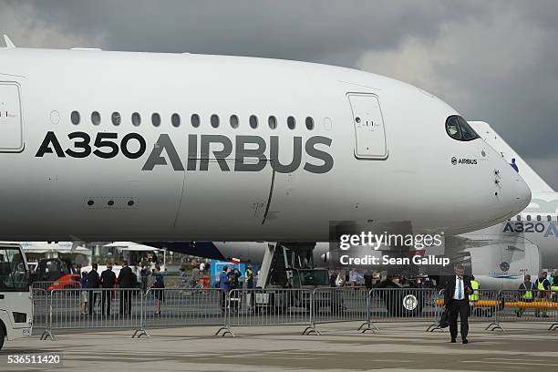 An Airbus A350 stands on display at the ILA 2016 Berlin Air Show on June 1, 2016 in Schoenefeld, Germany. The ILA 2016 will be open to visitors from...