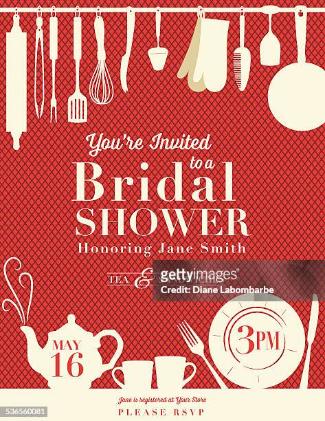 stockillustraties, clipart, cartoons en iconen met retro bridal shower invitation with kitchen gadgets - keukengerei afdeling