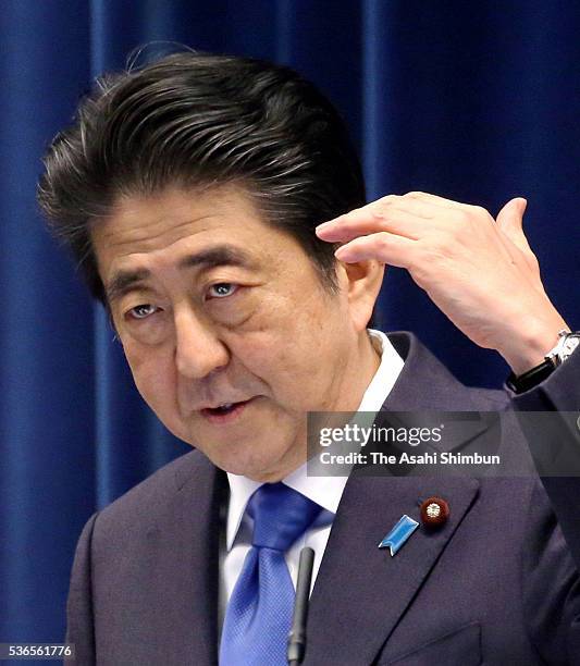 Japanese Prime Minister Shinzo Abe speaks during a press conference at Abe's official residence on June 1, 2016 in Tokyo, Japan. Abe announce the...