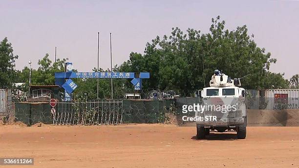 Military tuck of the United Nations peacekeepers soldiers is parked in front of Chinese United Nations peacekeeping forces camp on June 1, 2016 in...