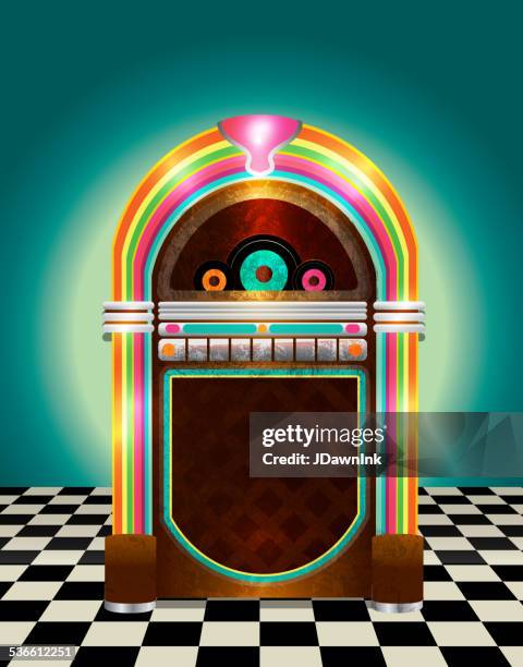 illustrazioni stock, clip art, cartoni animati e icone di tendenza di retrò, jukebox su sfondo di piastrelle a scacchi - jukebox