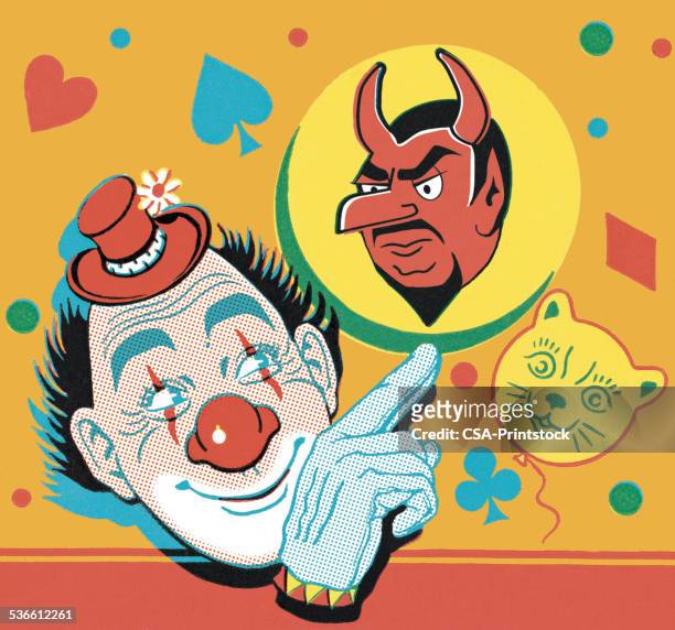 clown pointing to a devil - evil clown stock illustrations