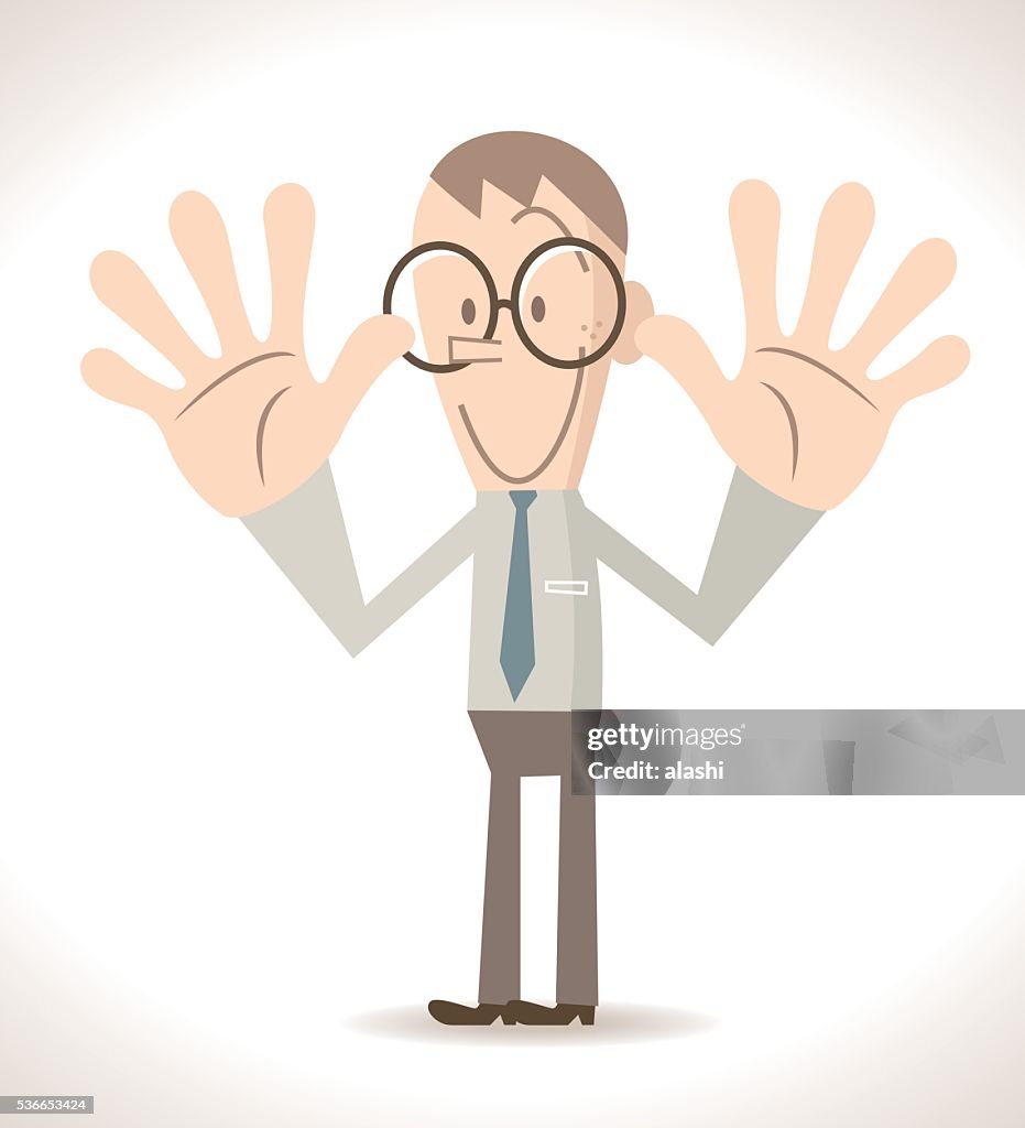 Businessman gesturing number 10, two hand raised (palm hand sign)