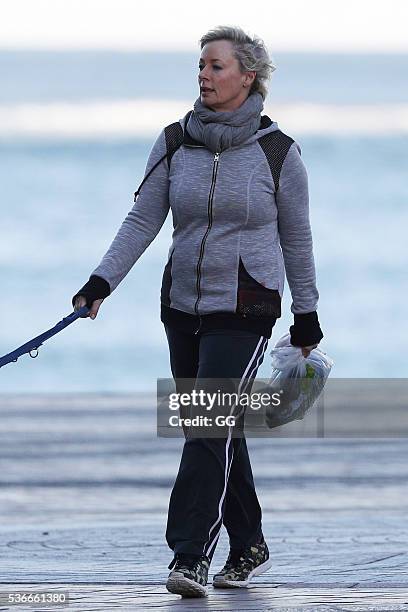 Host of 'The Living Room', Amanda Keller enjoys an evening stroll at Bondi with her dog and son on May 27, 2016 in Sydney, Australia.