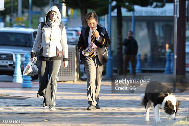 Host of 'The Living Room', Amanda Keller enjoys an evening stroll at Bondi with her dog and son on May 27, 2016 in Sydney, Australia.