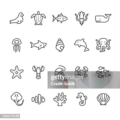 Vida marina y al mar de vector de iconos animales de Vida marina y al mar de vector de iconos animales de