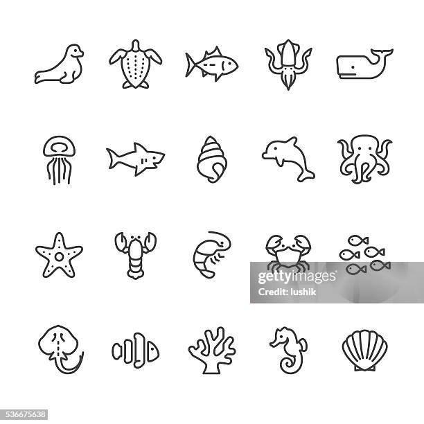 stockillustraties, clipart, cartoons en iconen met sea life and ocean animals vector icons - garnaal