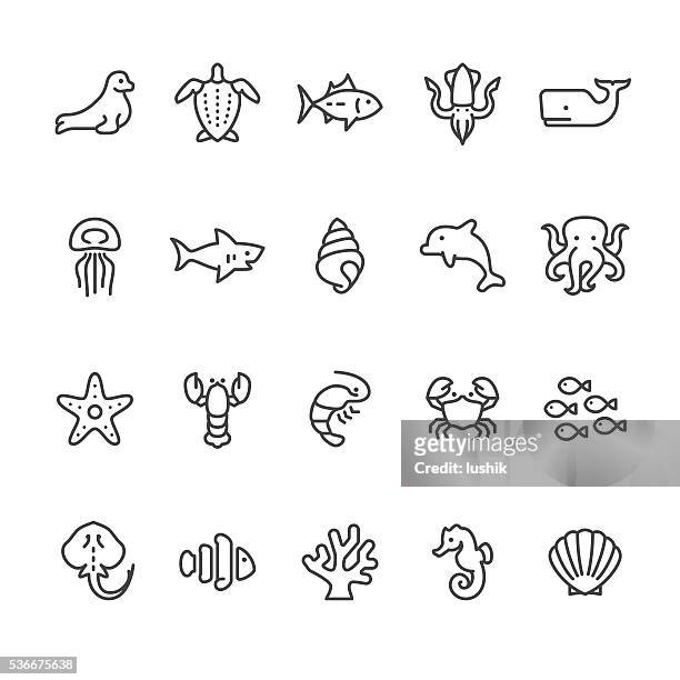 sea life and ocean animals vector icons - group of animals 幅插畫檔、美工圖案、卡通及圖標