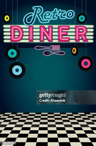 late night retro 50s diner neon menu layout - cafe 1950 stock illustrations
