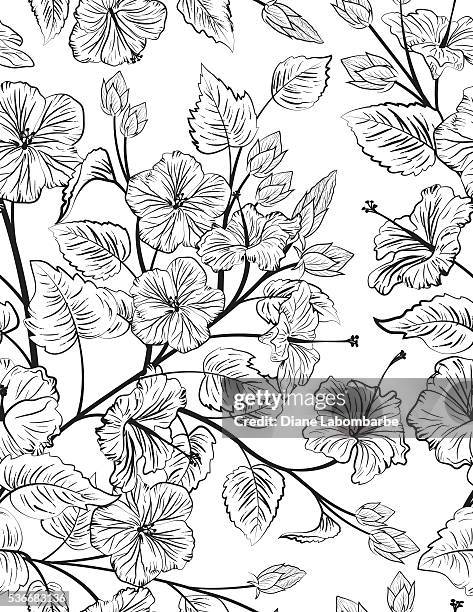 tropical hibiscus seamless pattern background - black and white floral background stock illustrations