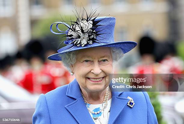 Queen Elizabeth II arrives at the Honourable Artillery Company on June 1, 2016 in London, England. The engagement marks the Queen becoming the...