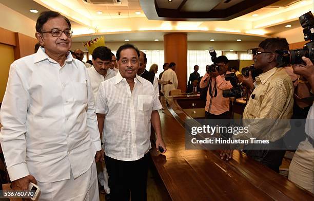 Congress leader P. Chidambaram and Narayan Rane file nominations for biennial elections to Rajya Sabha from Maharashtra at Vidhan Bhavan, on May 31,...