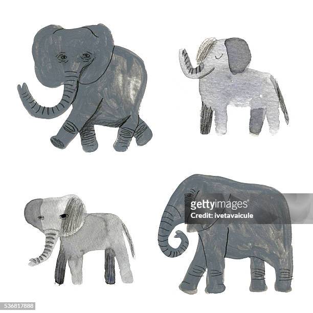 stockillustraties, clipart, cartoons en iconen met mixed media hand painted elephant - animal trunk