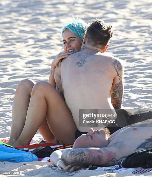 Federico Leonardo Lucia, known by his stage name Fedez, and girlfriend DJ Tigerlily are seen at Coogee Beach on May 3, 2016 in Sydney, Australia.