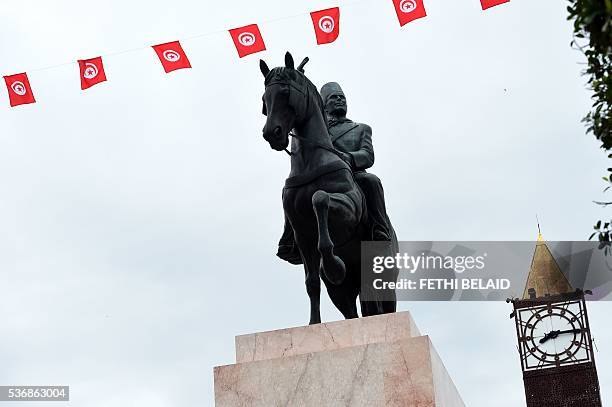 General view shows the statue of Habib Bourguiba during its inauguration on June 1, 2016 in Tunis, after it was moved back to its original location...