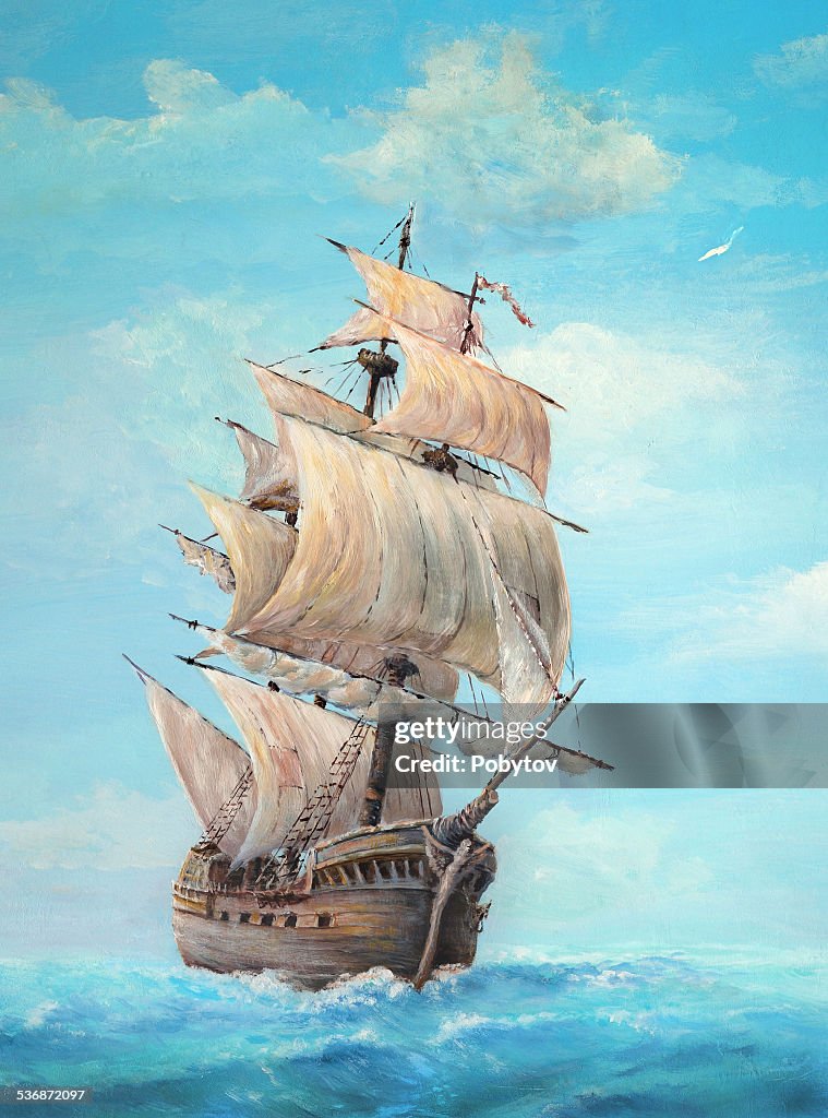 Sailing ship on a clear day, oil painting