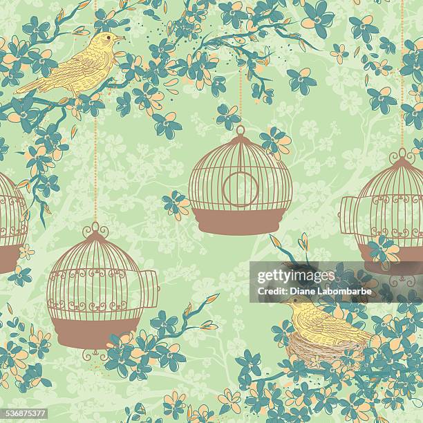 hand drawn cherry blossoms and birds tree background pattern - toile stock illustrations