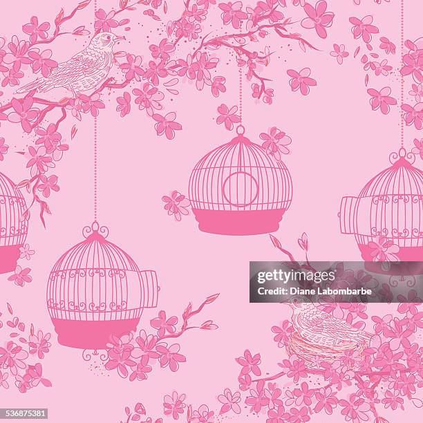 hand drawn cherry blossoms and birds tree background pattern - toile stock illustrations