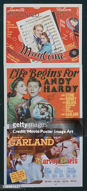 Poster for Robert Z. Leonard's 1937 drama 'Maytime' starring Jeanette MacDonald and Nelson Eddy, George B. Seitz's 1941 comedy 'Life Begins for Andy...