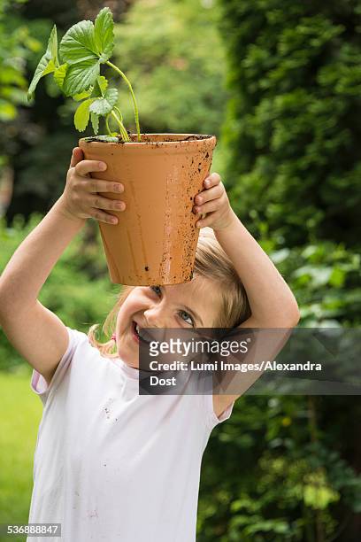 little girl gardening, holding potted plant in hands - alexandra dost stock-fotos und bilder