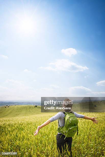 young woman with hands outstretched in wheat field - fresh deals stockfoto's en -beelden