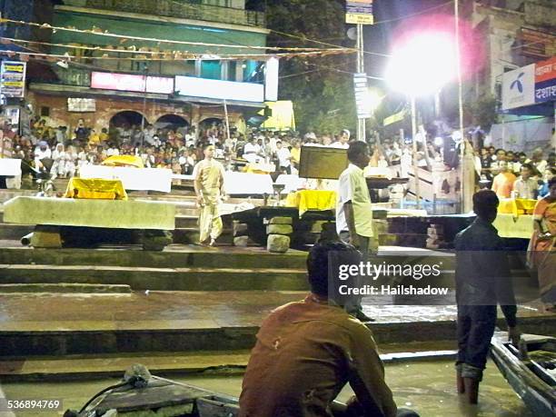 evening ganga aarti at dashashwamedh ghat, varanasi - hindu god of music stock pictures, royalty-free photos & images