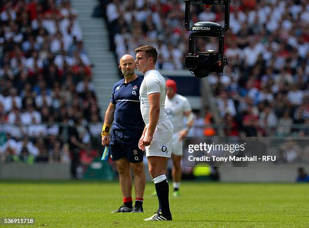 George Ford of England is is watched by Spidercam during the Old Mutual Wealth Cup between England and Wales at Twickenham Stadium on May 29, 2016 in...