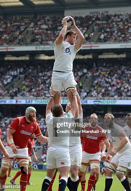 Jack Clifford of England catches the ball in the line out during the Old Mutual Wealth Cup between England and Wales at Twickenham Stadium on May 29,...