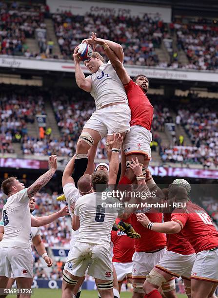 Joe Launchbury of England wins the ball in the line out during the Old Mutual Wealth Cup between England and Wales at Twickenham Stadium on May 29,...