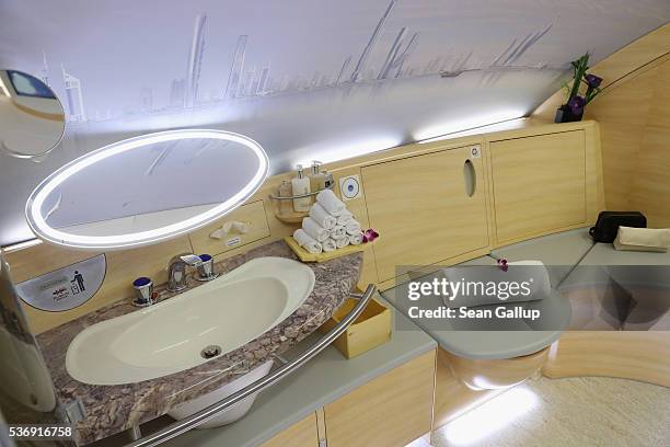 The washroom in the first class section is pictured on board an Emirates A380 passenger plane at the ILA 2016 Berlin Air Show on June 1, 2016 in...