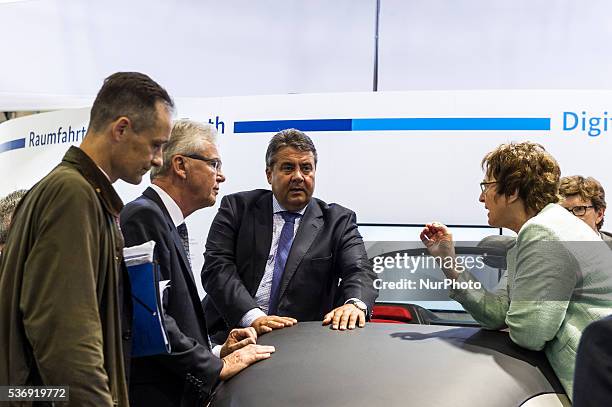 German Economics Minister Sigmar Gabriel, visting the stand of DLR at opening tour of the ILA Berlin Air Show in Berlin, Germany, 01 June 2016. The...