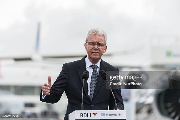The President of BDLI Bernhard Gerwert gives a speech at the International Aerospace Exhibition in Schoenefeld near Berlin on June 1, 2016. The...