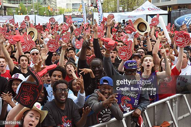 Toronto Raptors fans cheer in "Jurassic Park" during game four of the Eastern Conference Finals against the Cleveland Cavaliers on May 23, 2016...