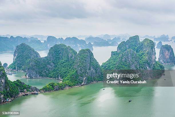 ha long bay panorama from top of bai tho mountain at hon gai - hon gai stock pictures, royalty-free photos & images