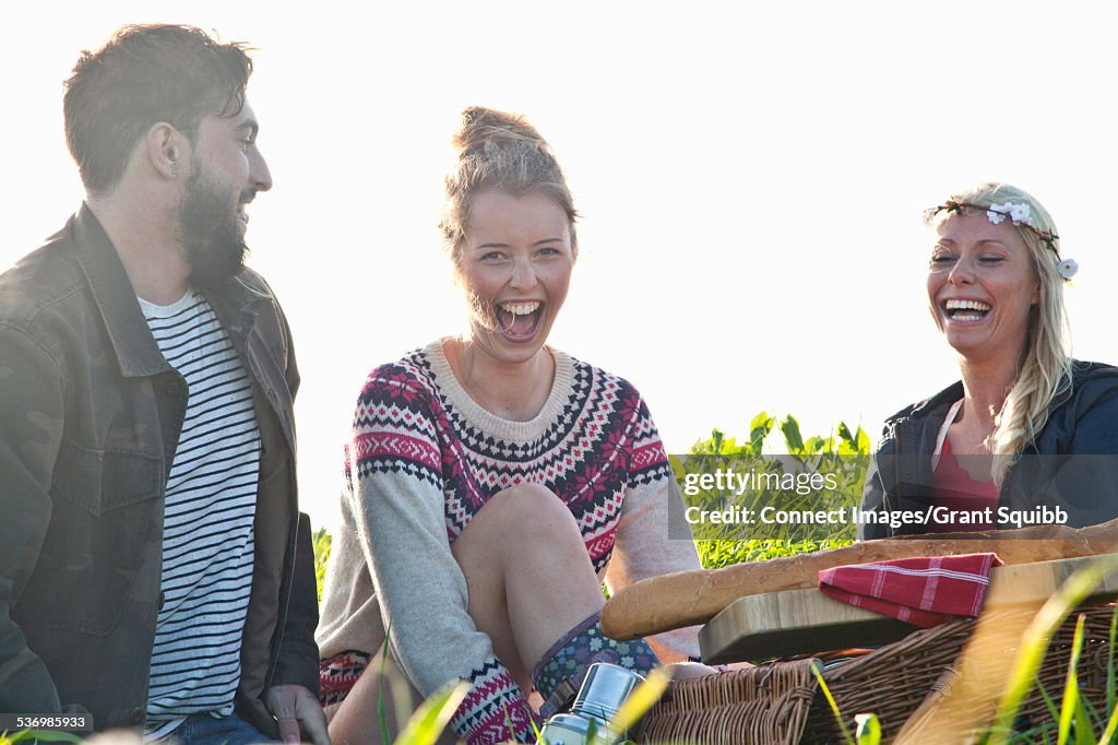 Three young adult friends picnicing and laughing in rural field