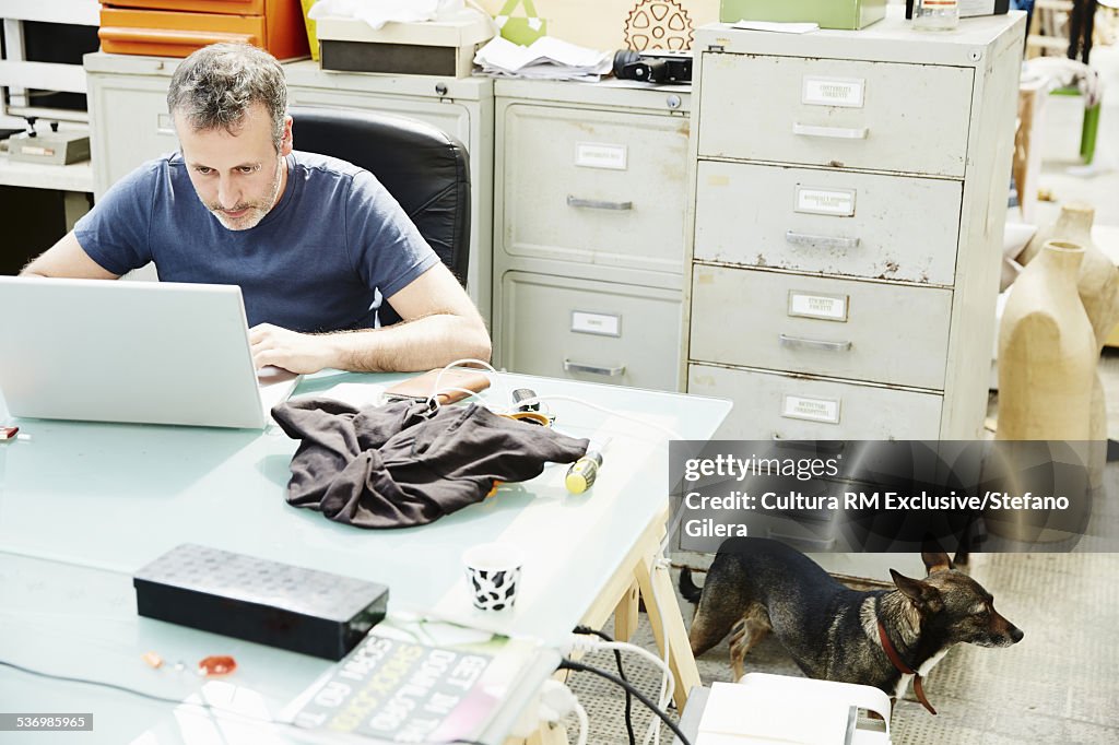 Mid adult man sitting at desk, using laptop