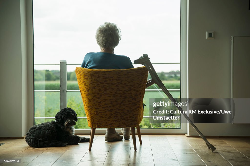 Senior woman and dog by window