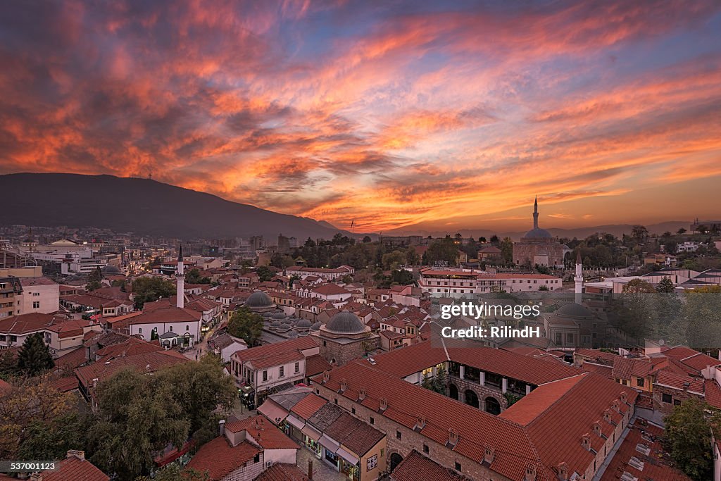 Macedonia, Skopje, Old Bazaar, Cityscape with moody sunset sky