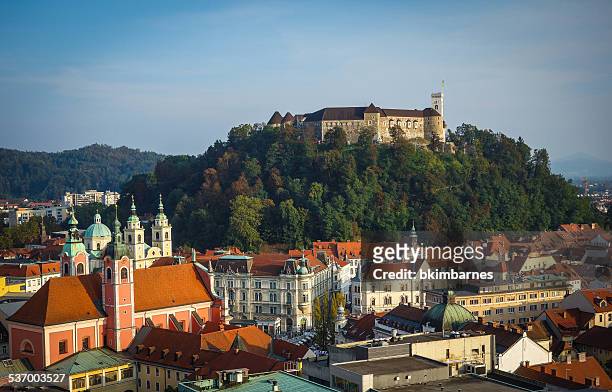 slovenia, ljubljana, castle on wooded hill and surrounding cityscape - eslovenia fotografías e imágenes de stock