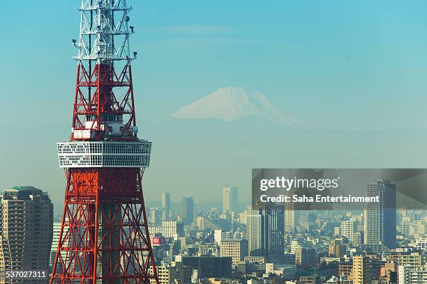 close up tokyo tower and m't fuji - minato stock pictures, royalty-free photos & images