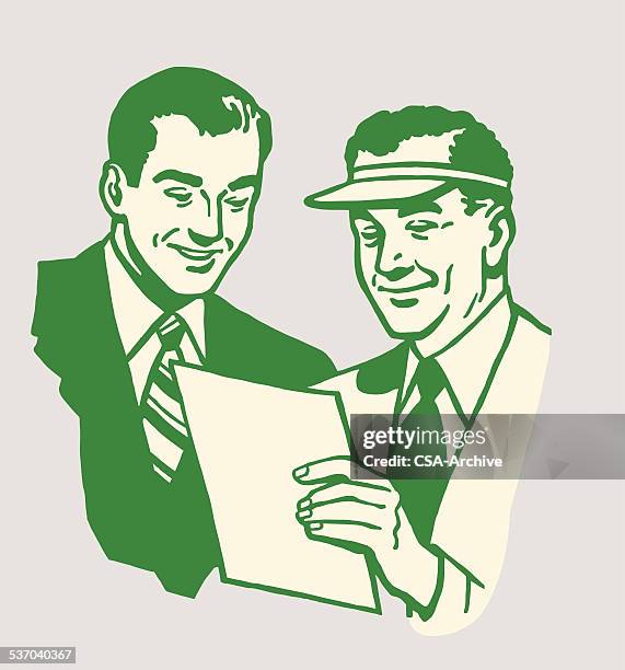 two men looking at paper - reading contract stock illustrations