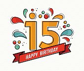 Colorful happy birthday number 15 flat line design