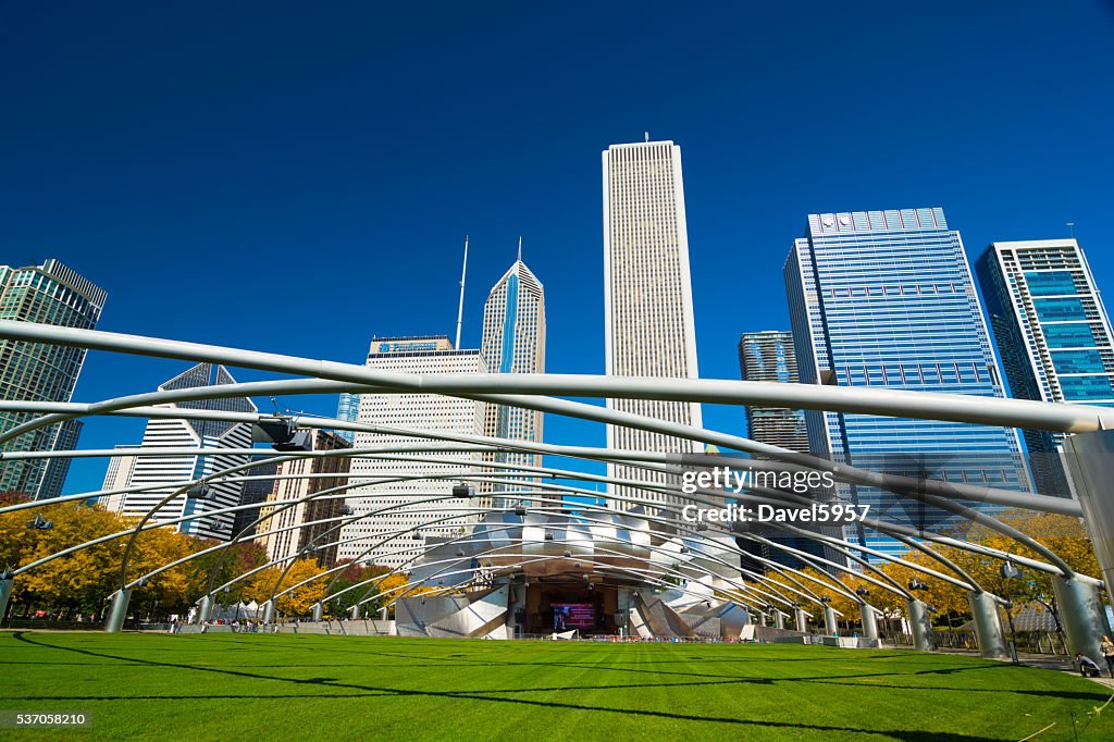 Downtown Chicago skyline with Jay Pritker Pavilion at Millenium Park