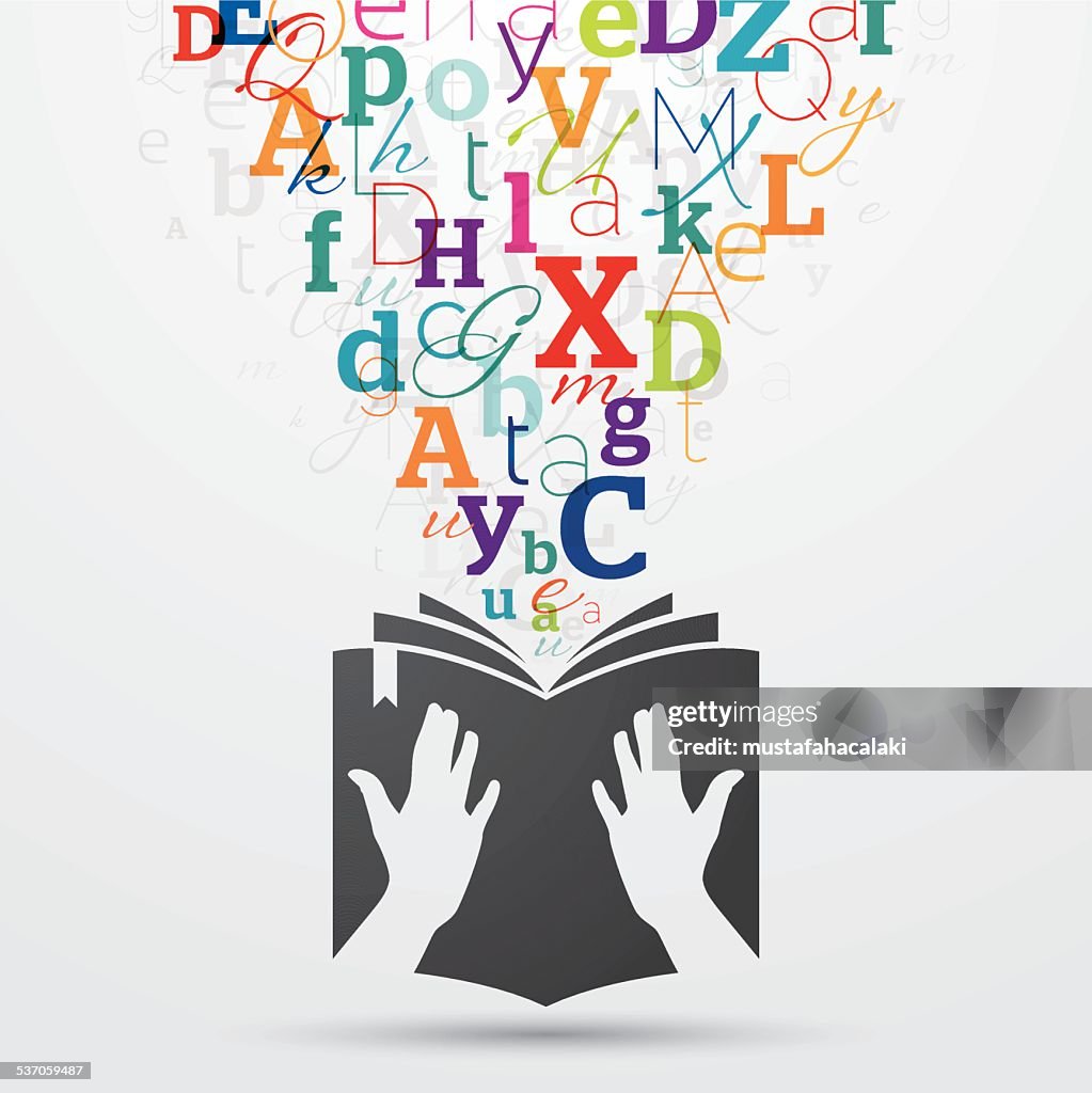Open book with colourful letters coming out