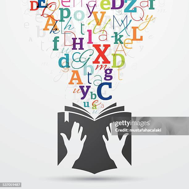 open book with colourful letters coming out - studying literature stock illustrations