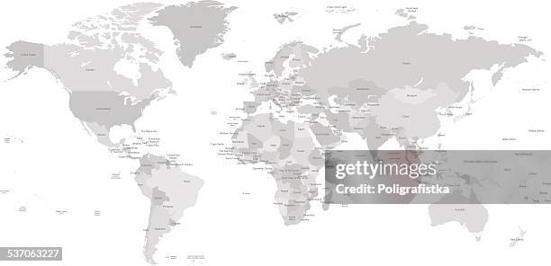 hight detailed divided and labeled world map - world-map-outline stock illustrations