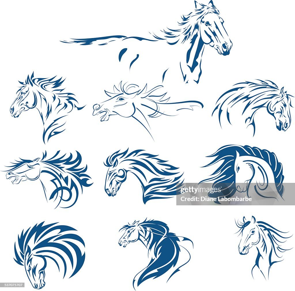 Hand Drawn Tribal Horse Set Blue
