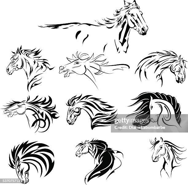 hand drawn tribal horse set black - black horse hair stock illustrations